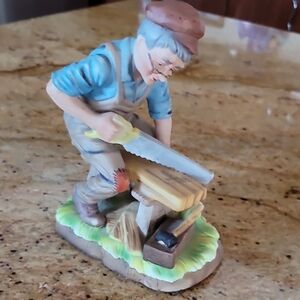 Vintage Lefton Elderly Old Man Series Sawing Wood Carver Whittler #6887